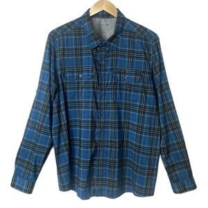 Swiss Tech Mens  2XL Button Up Shirt Vented Roll Tab Long Sleeve Blue Teal Plaid